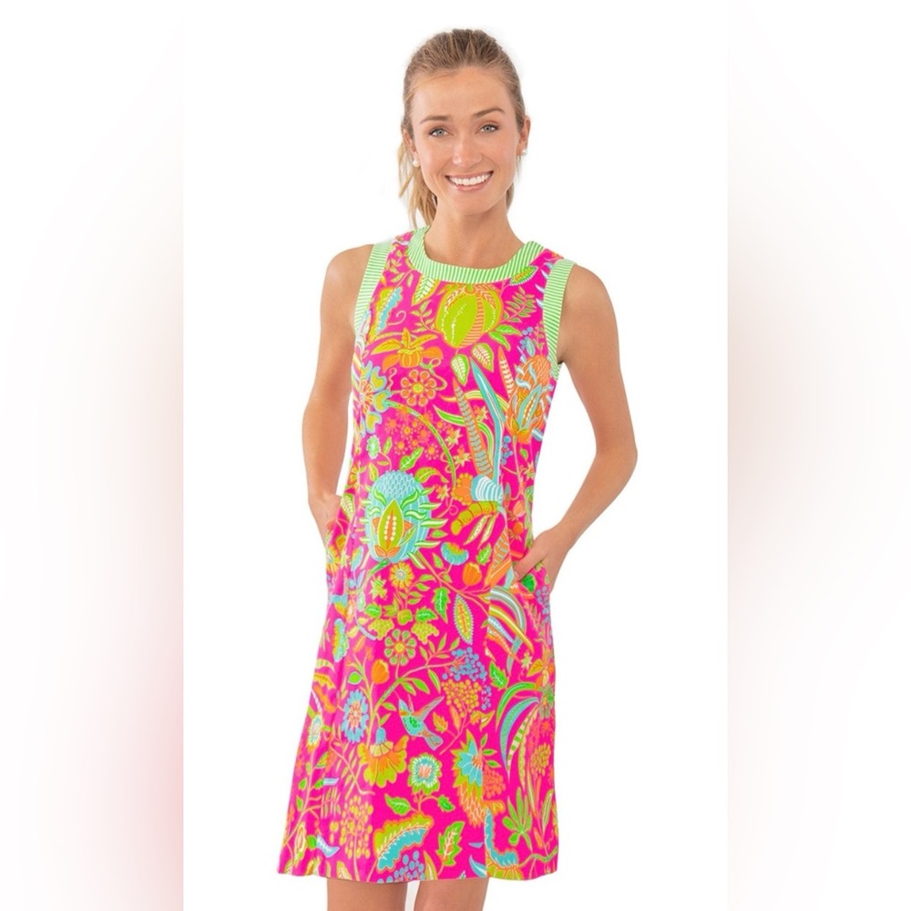Gretchen Scott Button Back Dress Bright Pink Hummingbird Heaven Floral Preppy - Picture 1 of 11